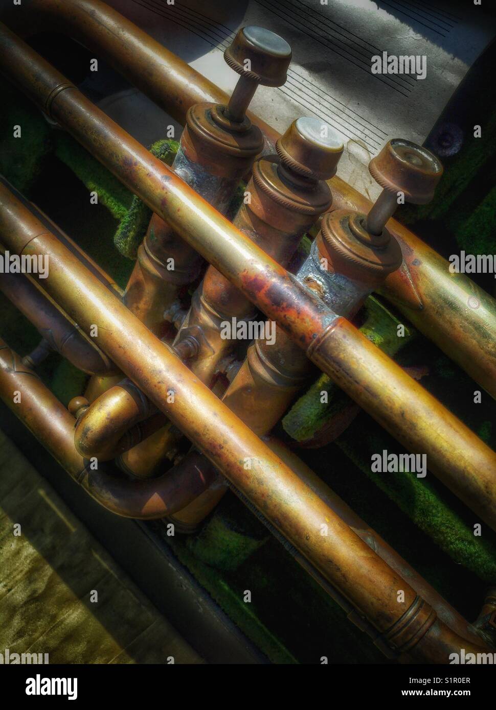 Old tarnished trumpet Stock Photo Alamy