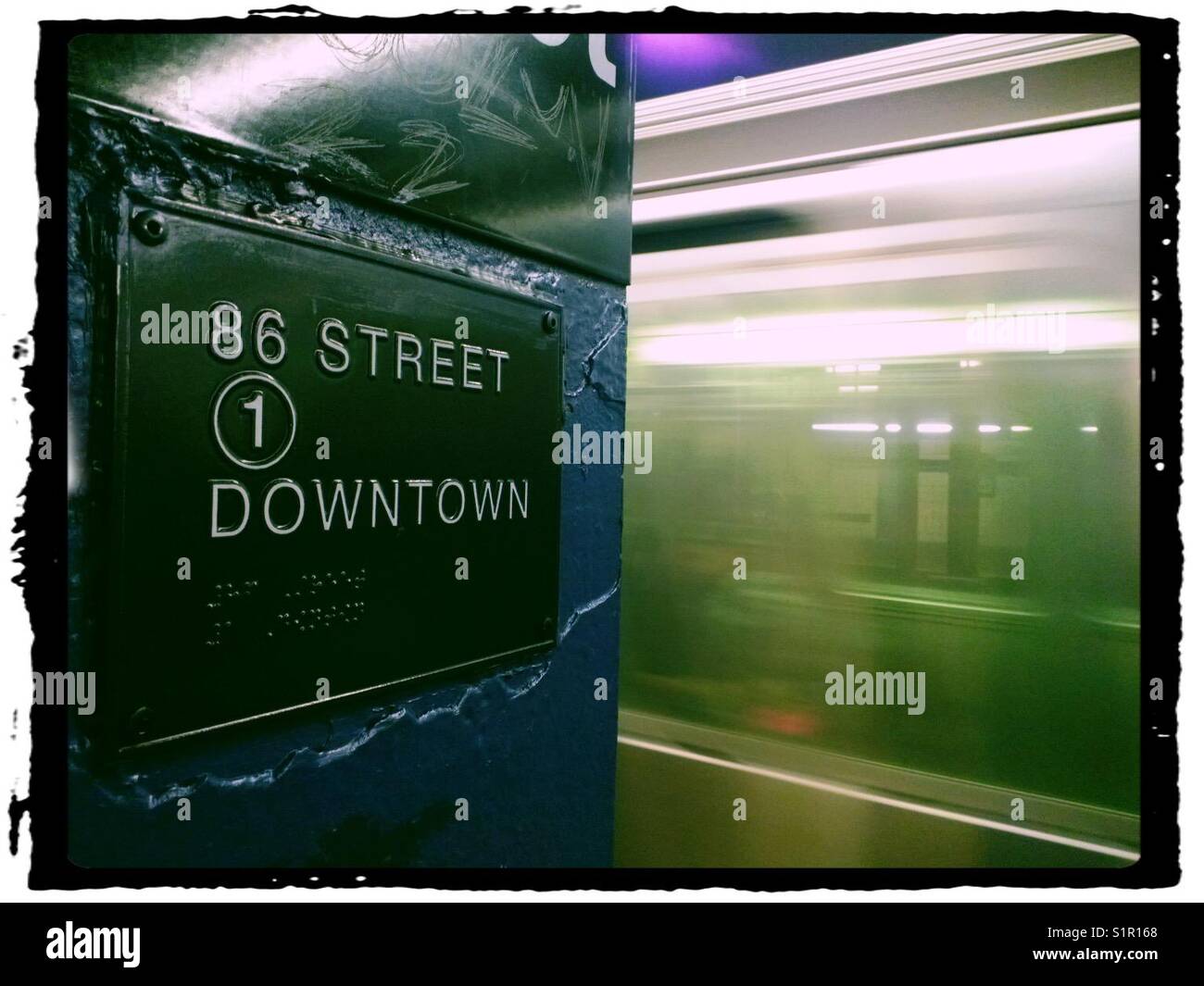 MTA 1 train arriving to the 86th street subway station in the Upper West Side in Manhattan - Smartphone Captured Stock Image