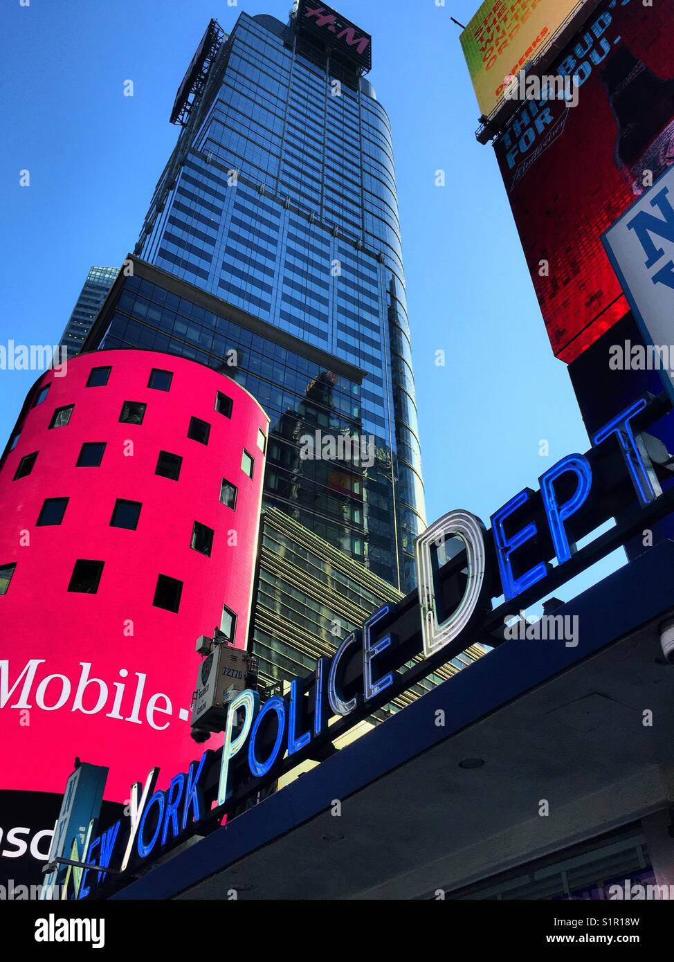 NASDAQ building and NYPD station, Times Square, NYC, USA - Smartphone Captured Stock Image