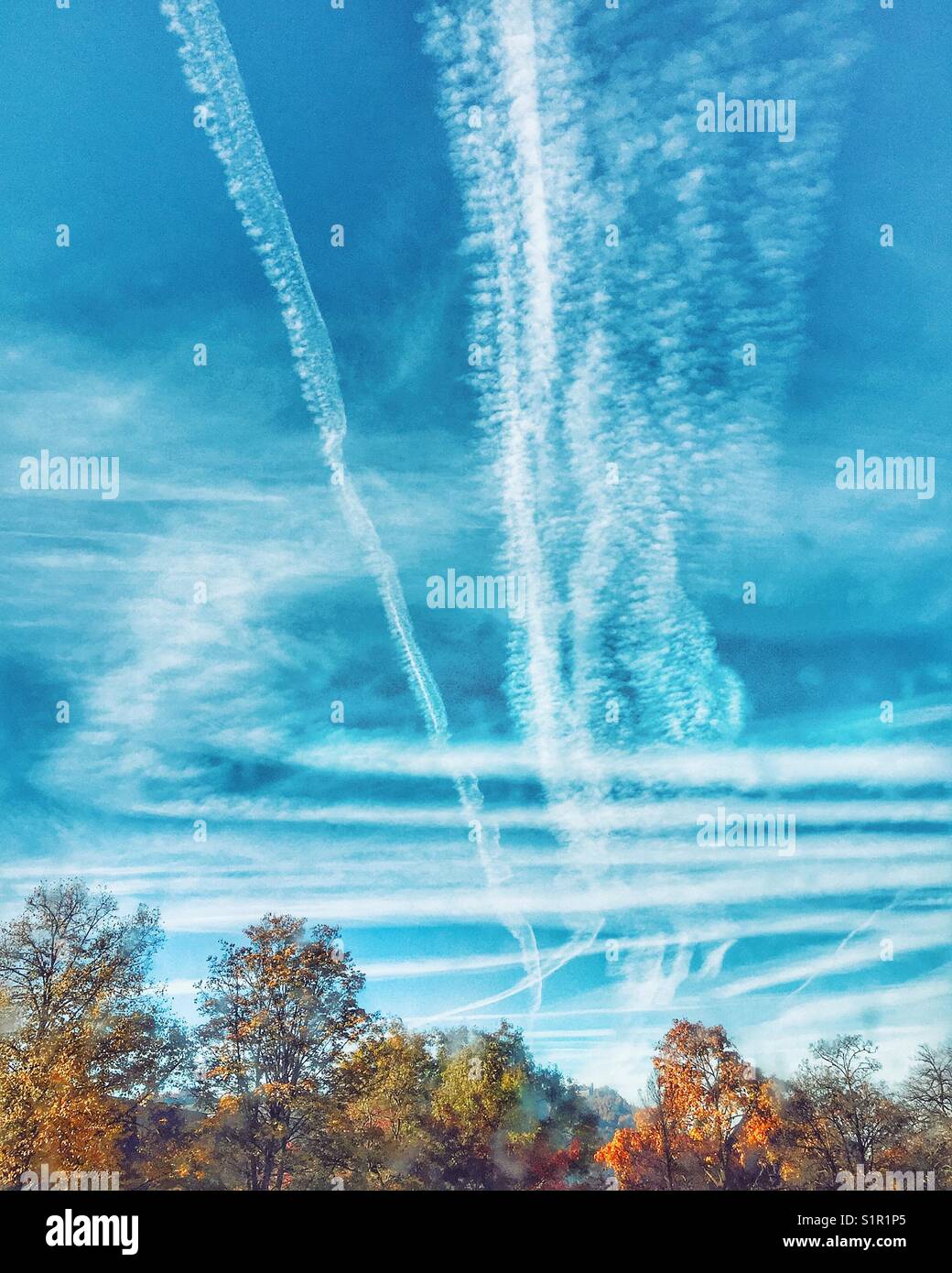 Vapour trails crisscrossing in an autumnal sky - Smartphone Captured Stock Image