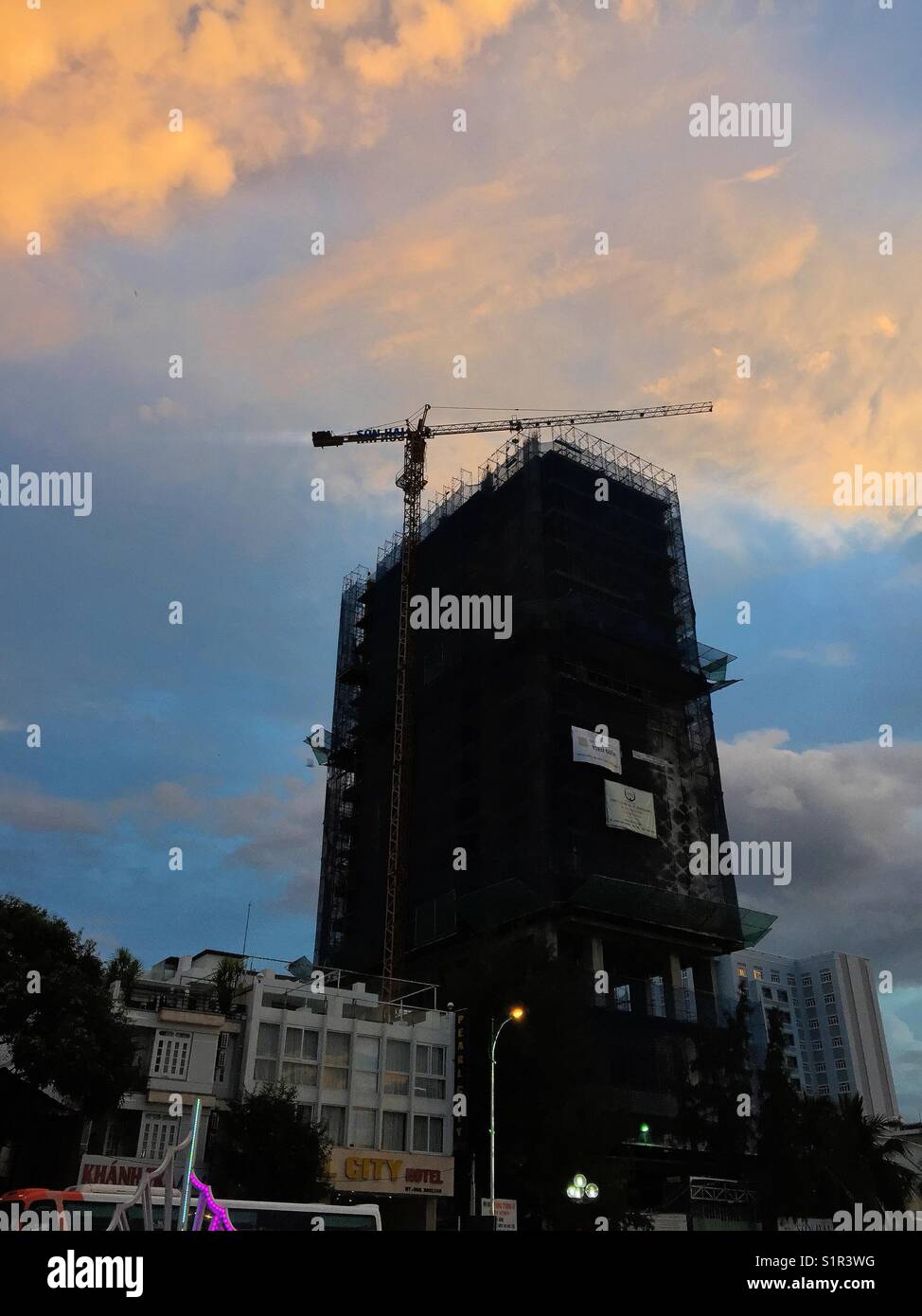Golden sky over nha trang streets vietnam. - Smartphone Captured Stock Image