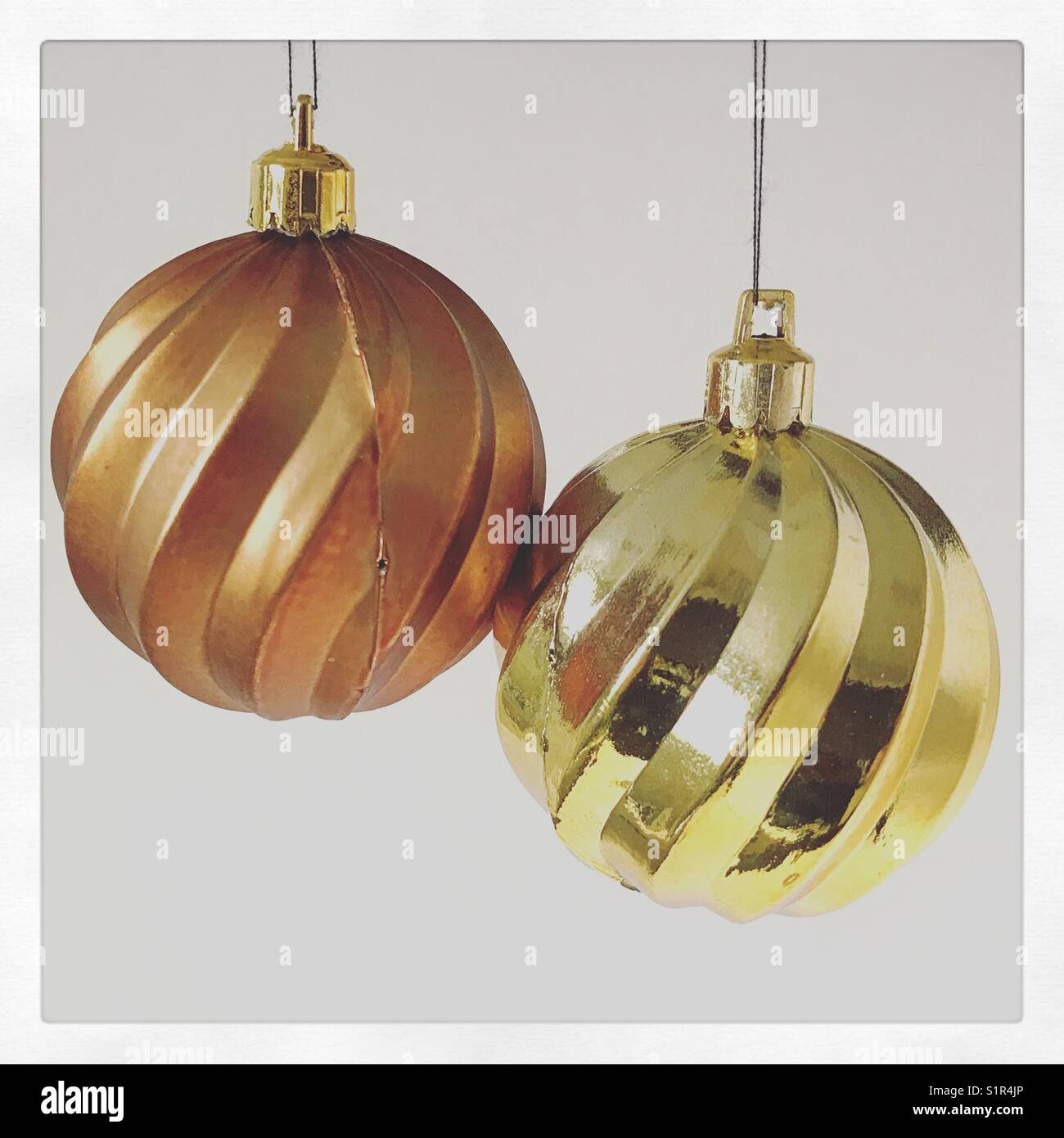 Closeup view of two vintage Christmas baubles - Smartphone Captured Stock Image