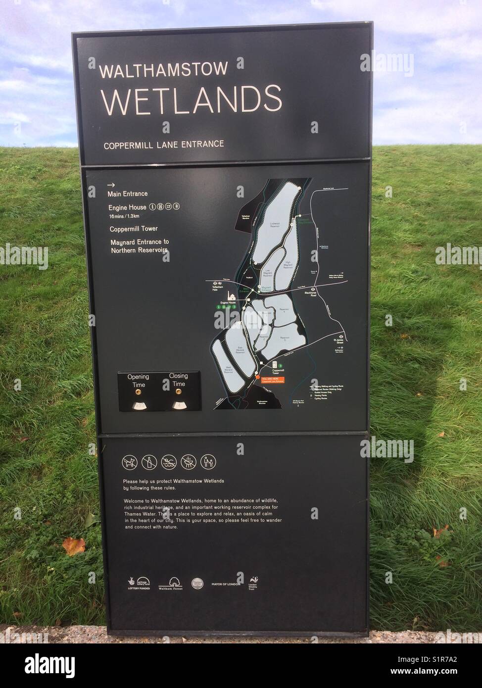Walthamstow Wetlands in London recently opened - sign at entrance - Smartphone Captured Stock Image