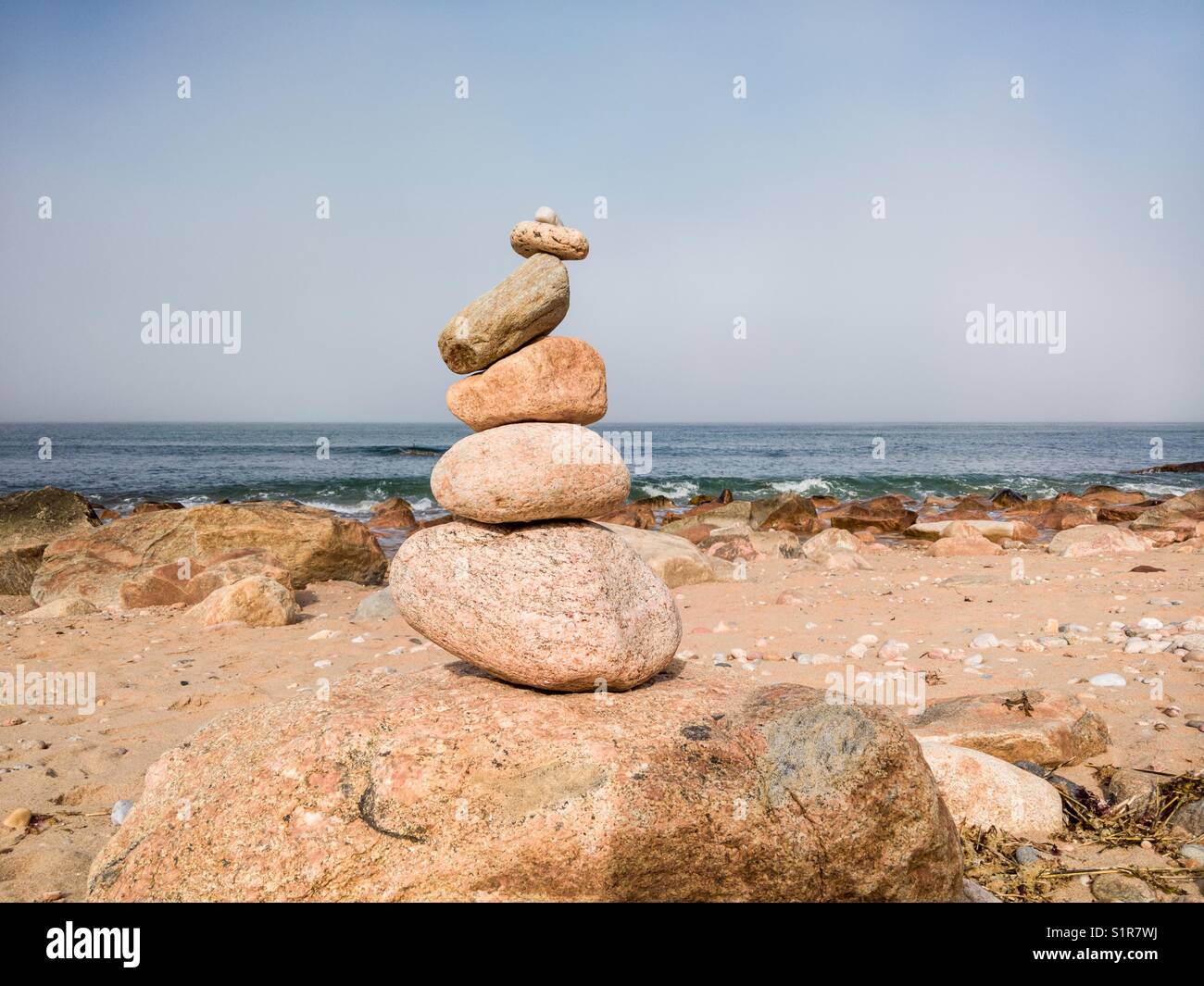 Stone sculpture at the beach in Block Island, RI Stock Photo