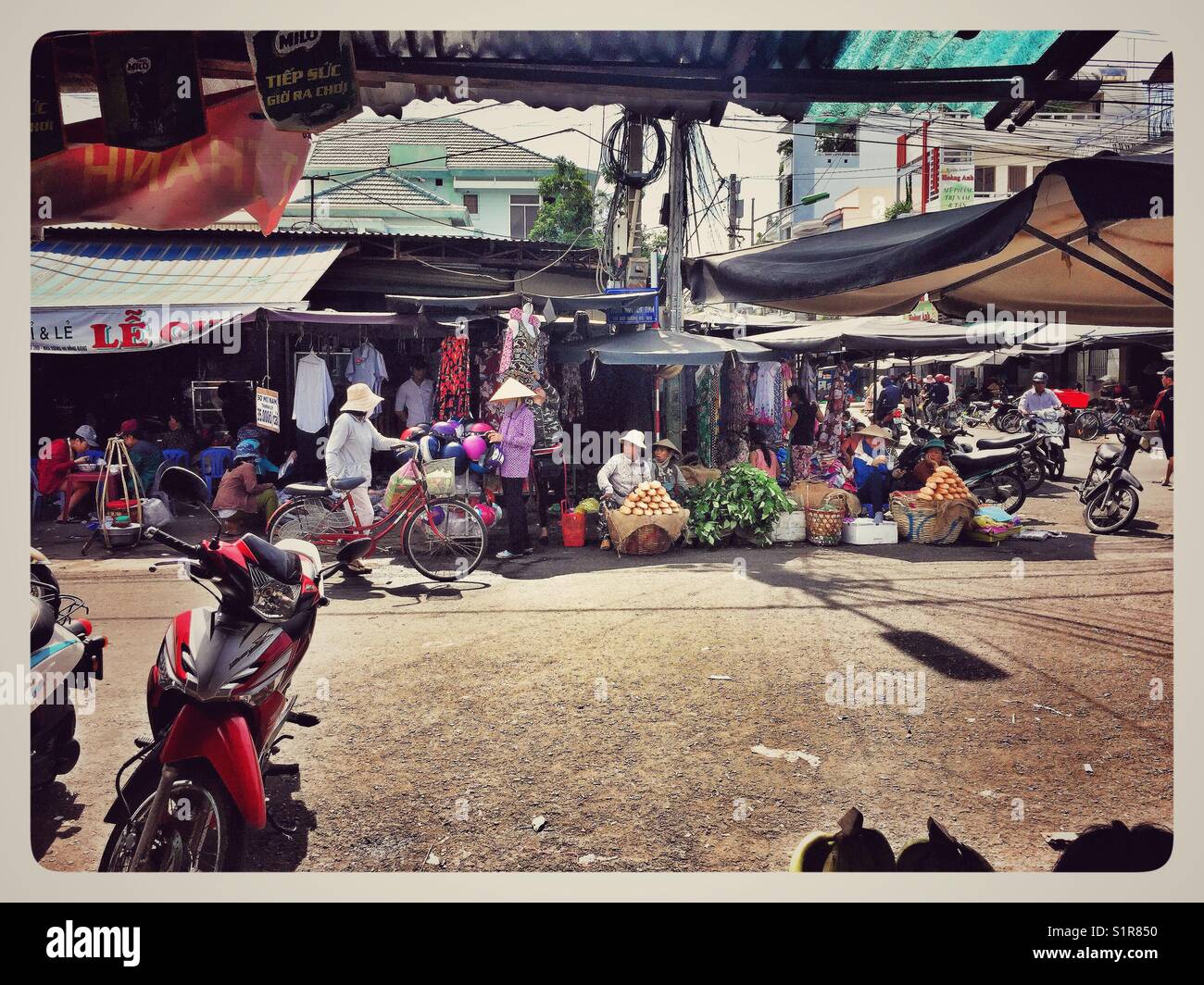 Streets of cho xom moi market. Stock Photo