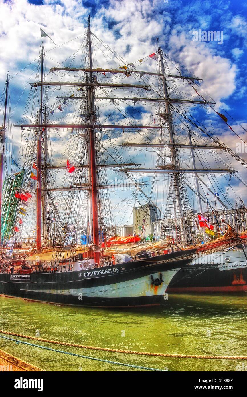 Oosterschelde a Dutch 3 masted topsail schooner built in 1918 taking part in the Rendez-vous 2017 Tall Ships Regatta, Quebec, Canada - Smartphone Captured Stock Image