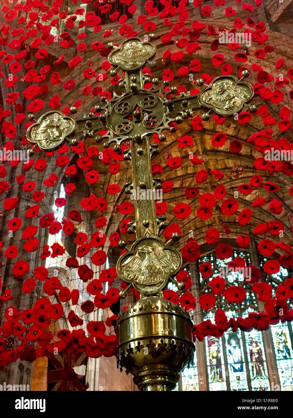Cascade of Poppies and Brass Cross - Remembrance - Smartphone Captured Stock Image