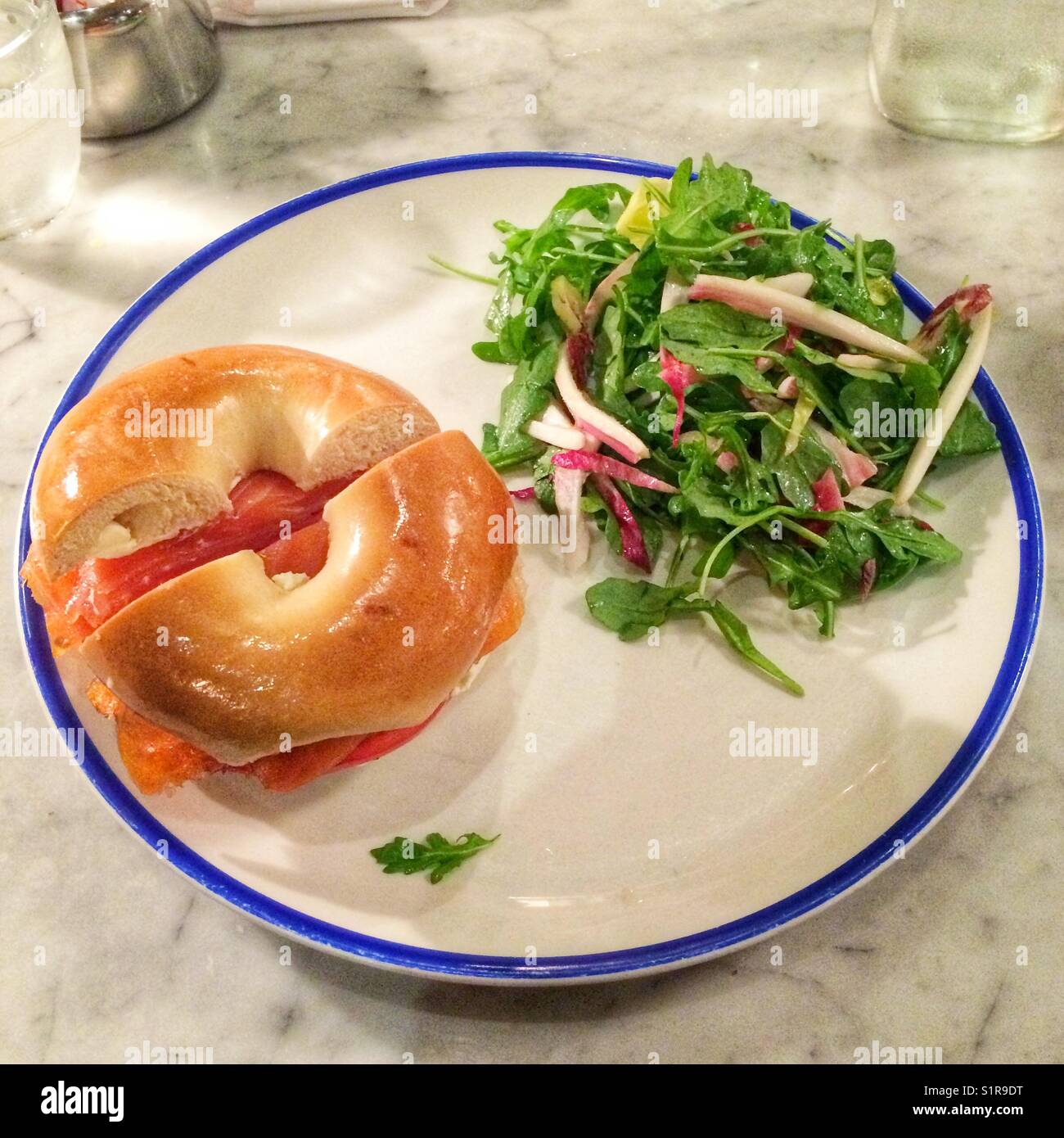 Smoked salmon black caviar and cream cheese bagel, Upper West side, New