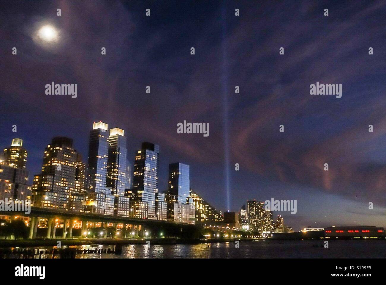 9/11 tribute in light beams from River Park side South - Smartphone Captured Stock Image