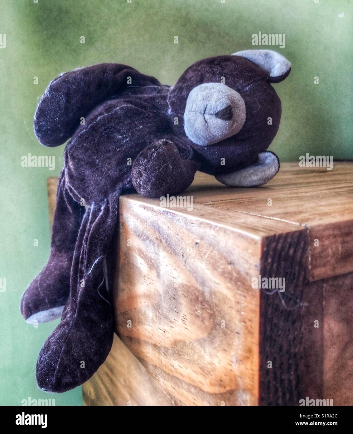 Old, brown teddy bear slumped over on edge of wooden table Stock Photo