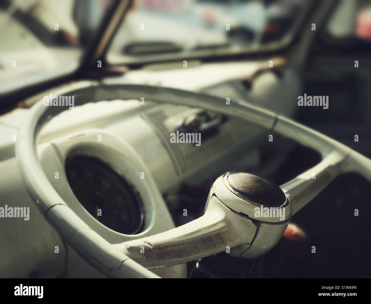 Steering wheel and dashboard of vintage VW Bus - Smartphone Captured Stock Image