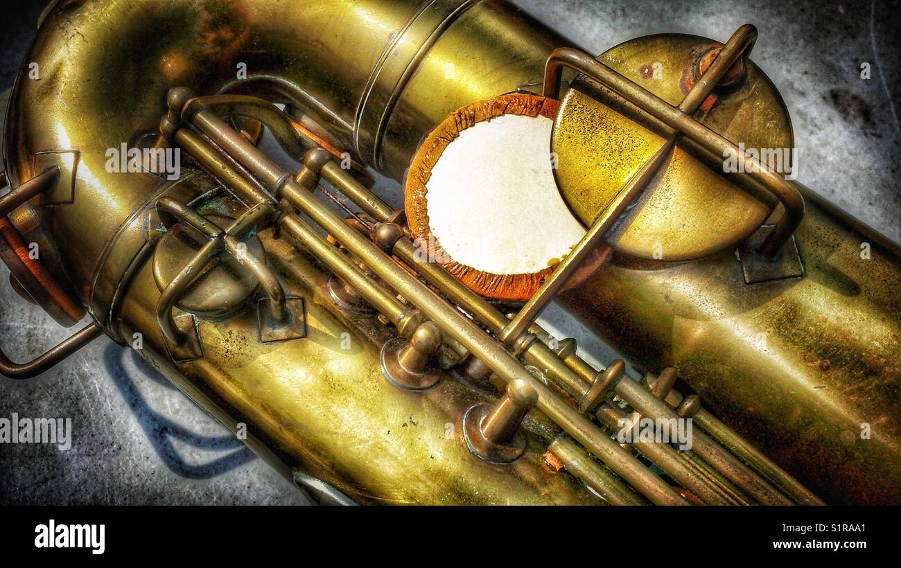 Closeup of an old saxophone Stock Photo