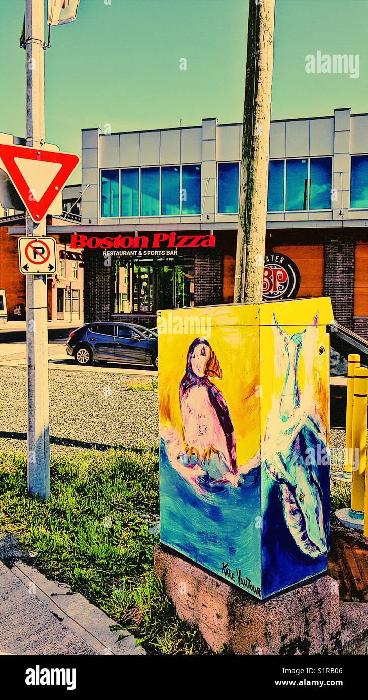 Power electricity box decorated with a puffin, St John’s, Newfoundland, Canada - Smartphone Captured Stock Image