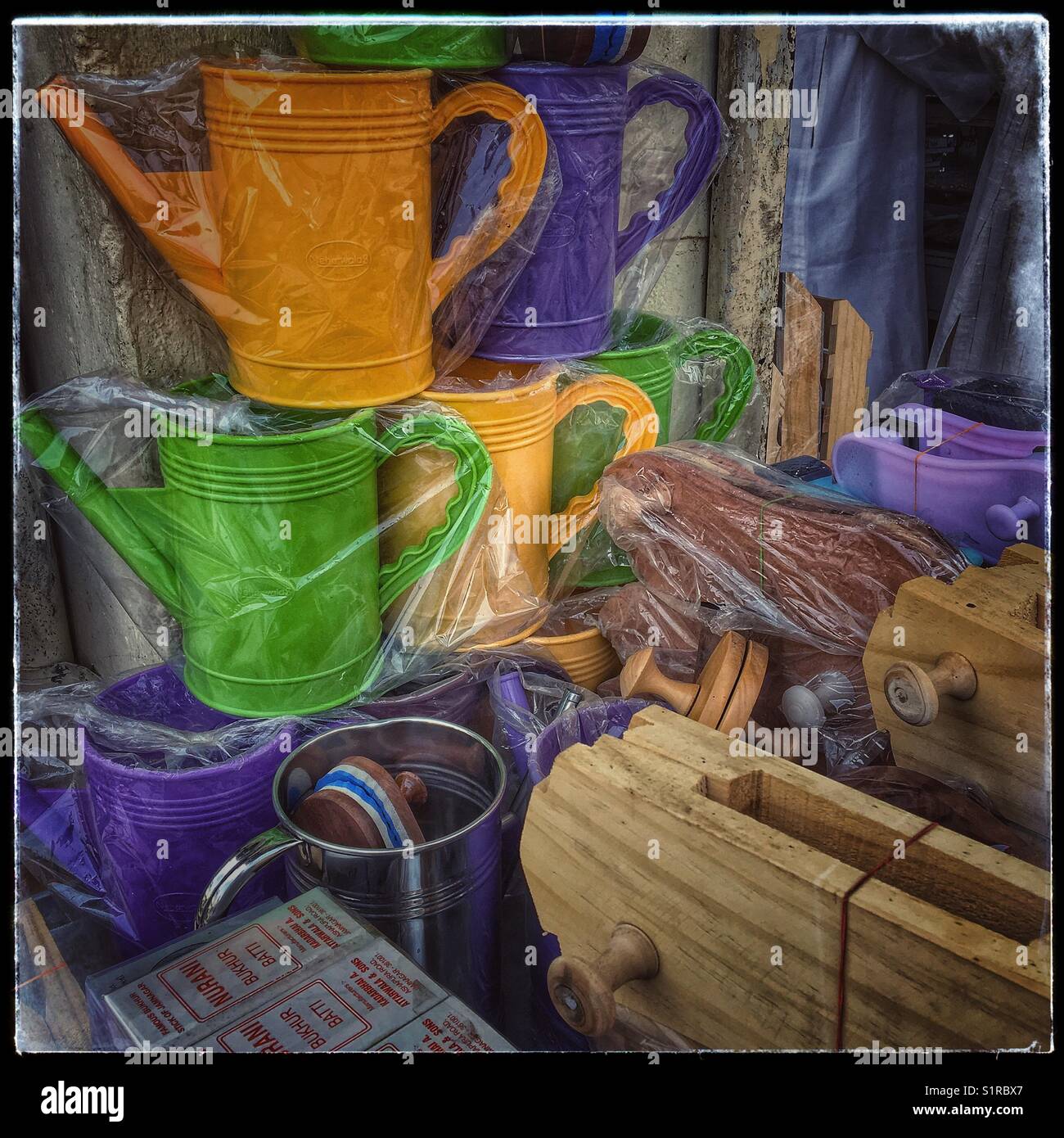 Tumbler and wooden slippers mostly used by Muslims in washrooms, ablution before prayers. - Smartphone Captured Stock Image