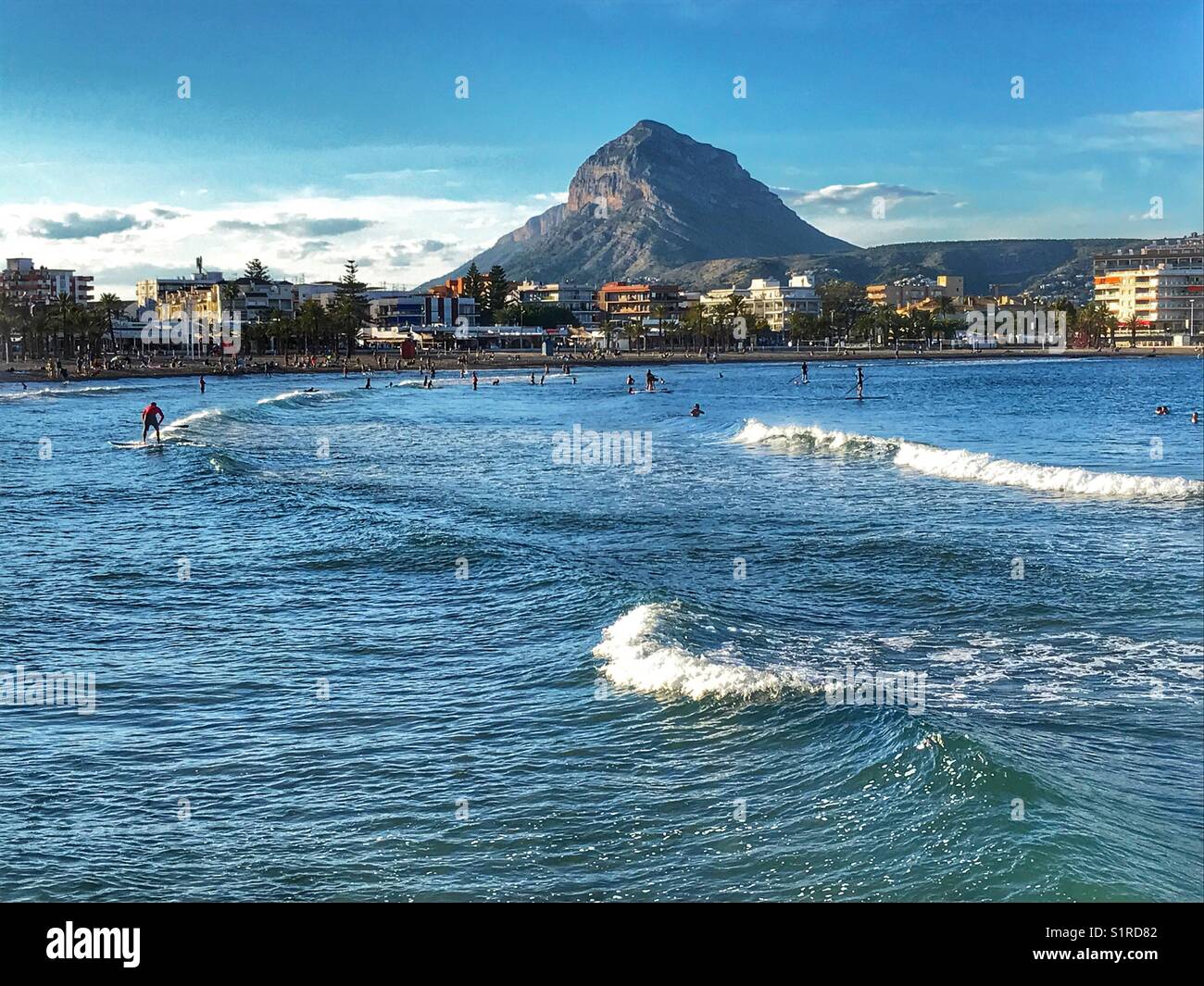 View to the Arenal Beach and Montgo mountain, late evening, Javea, Alicante, Spain Stock Photo