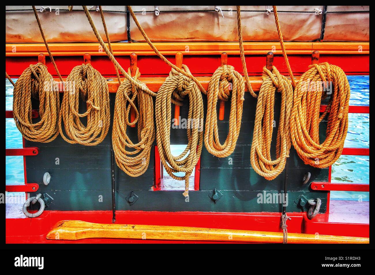 Coils of rope rigging on sailing ship - Smartphone Captured Stock Image