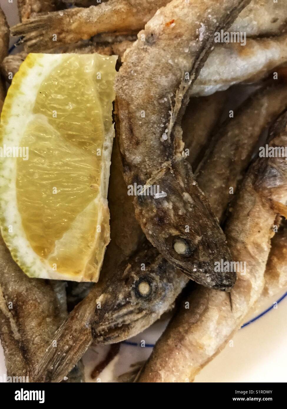 Spanish tapas bar food : deep fried boquerones or bocarones fritos with lemon - Smartphone Captured Stock Image