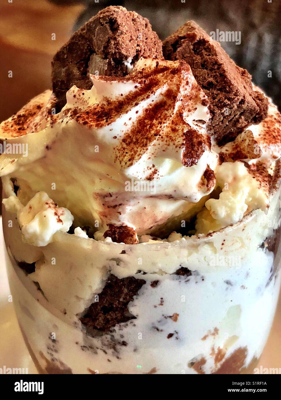 Chocolate brownie trifle dessert with whipped cream Stock Photo Alamy