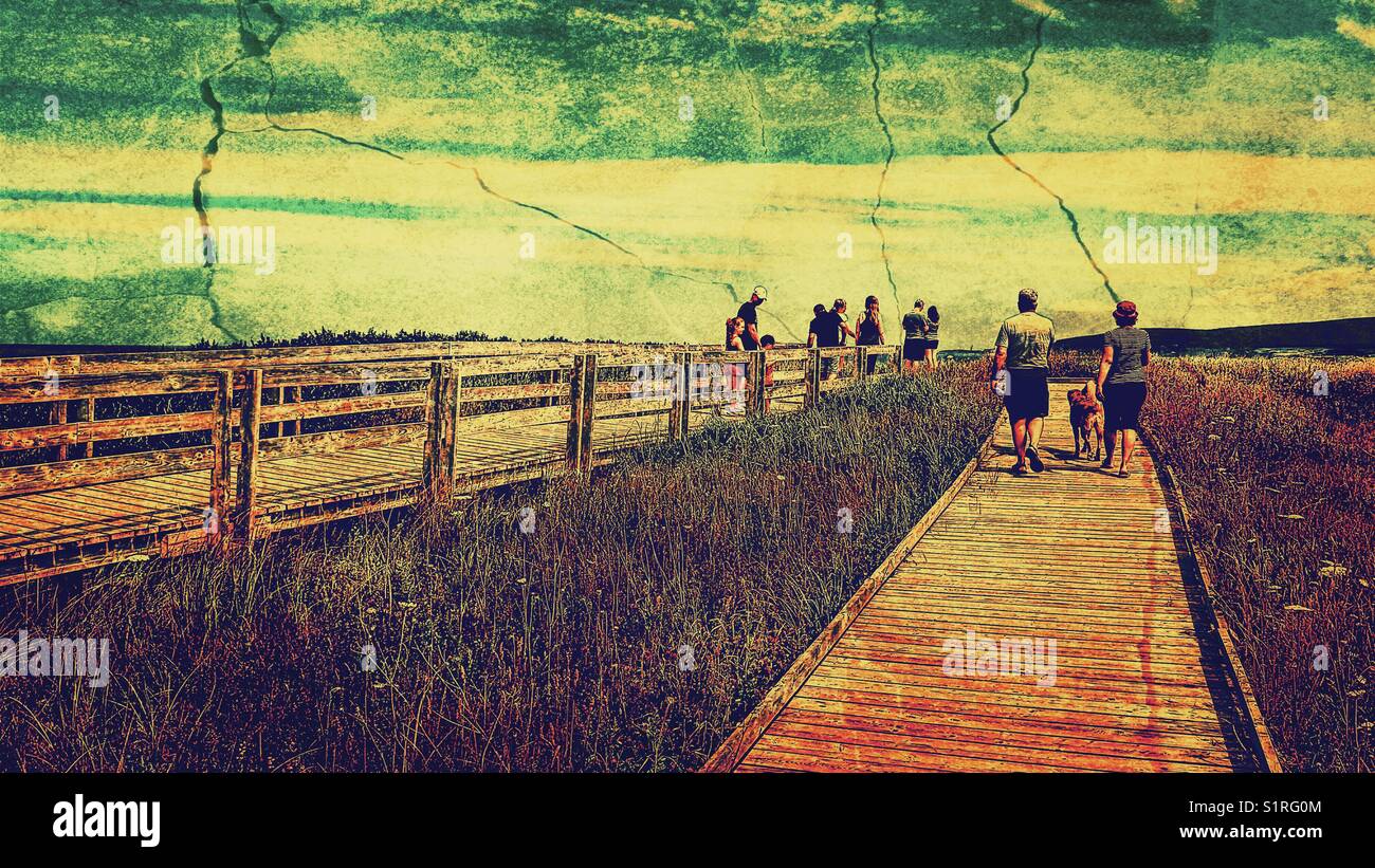 People on boardwalk, Inverness, Cape Breton Island, Nova Scotia, Canada - Smartphone Captured Stock Image