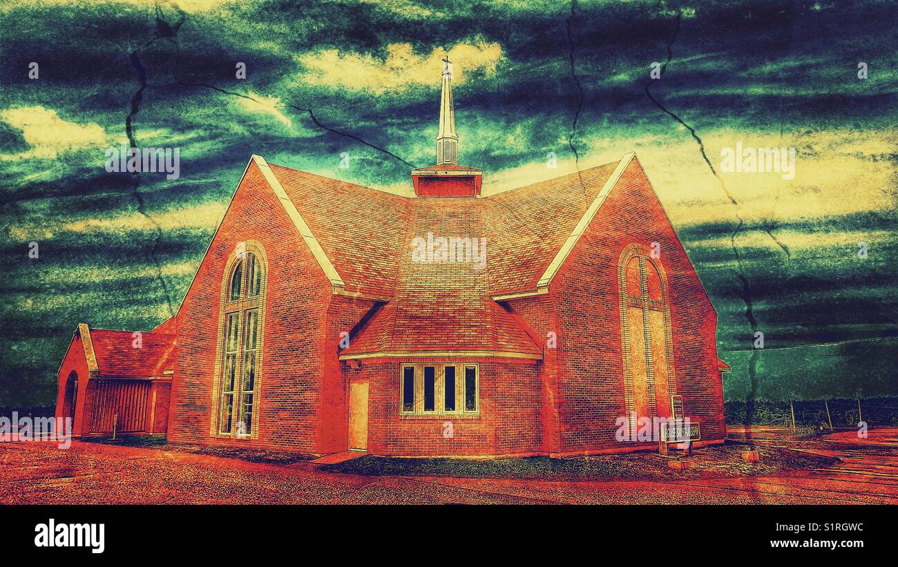 St Joseph du Moine church, Cape Breton Island, Nova Scotia, Canada. The village of St Joseph is an Acadian enclave, French colonists who settled in Acadia in the 17th & 18th centuries. - Smartphone Captured Stock Image