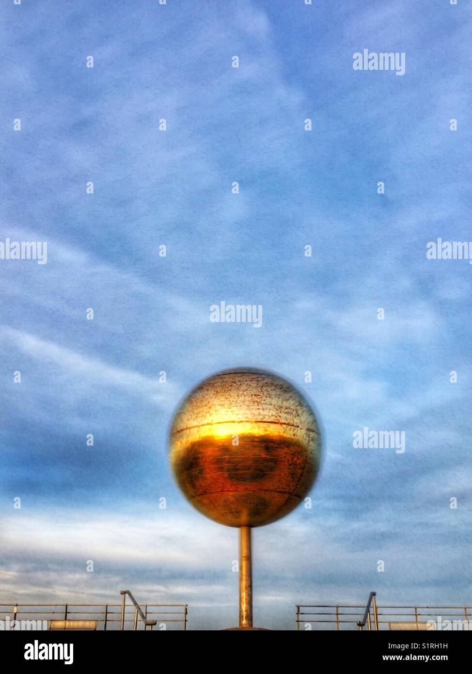 Giant glitter ball sculpture in motion on Blackpool South Promenade - Smartphone Captured Stock Image Giant glitter ball sculpture in motion on Blackpool South Promenade - Smartphone Captured Stock Image