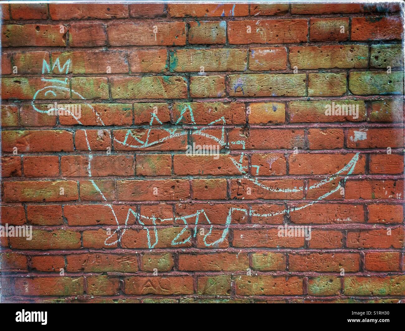 Chalk drawing of a brontosaurus dinosaur on a brick wall - Smartphone Captured Stock Image