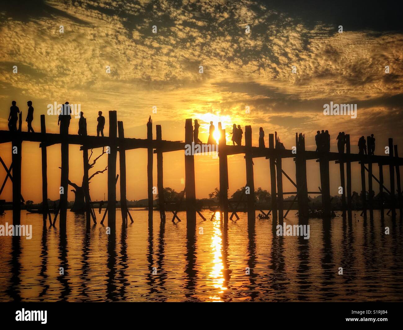 Sunset on U Bein Bridge in Mandalay, Myanmar - Smartphone Captured Stock Image