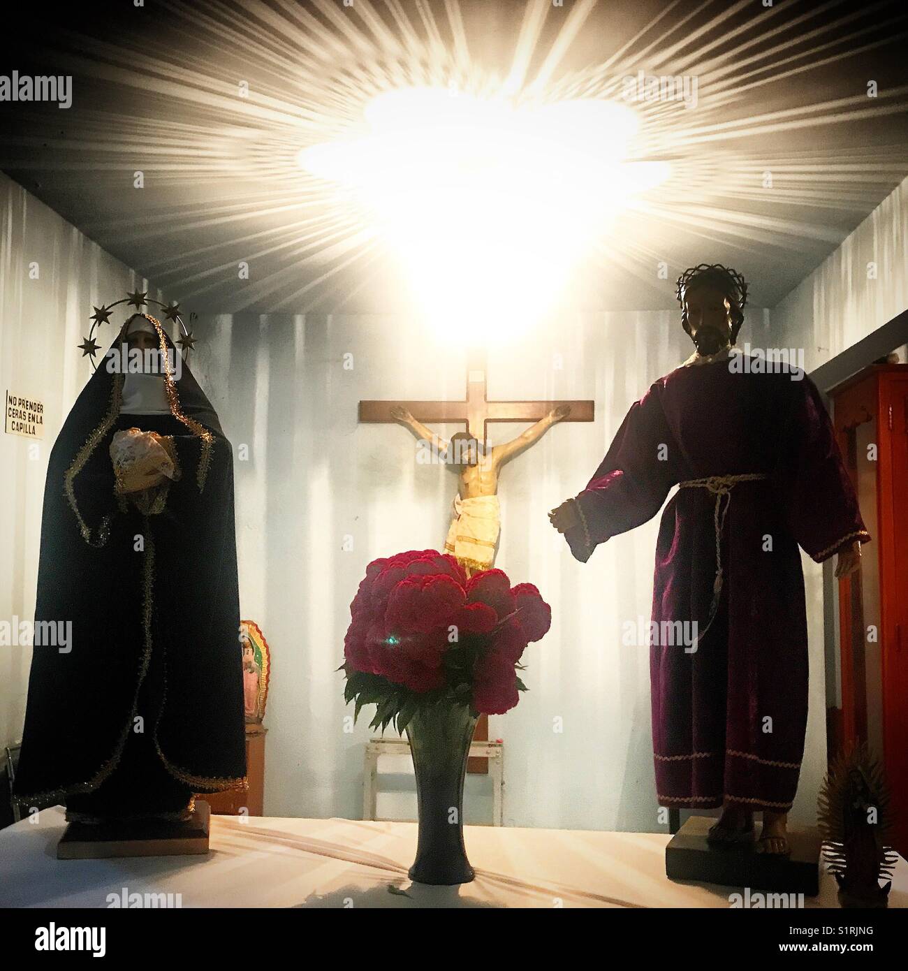 Images of Saint Gregory, Jesus Christ and the Virgin Mary during Day of the Dead in San Gregorio Atlapulco, Xochimilco, Mexico City. - Smartphone Captured Stock Image