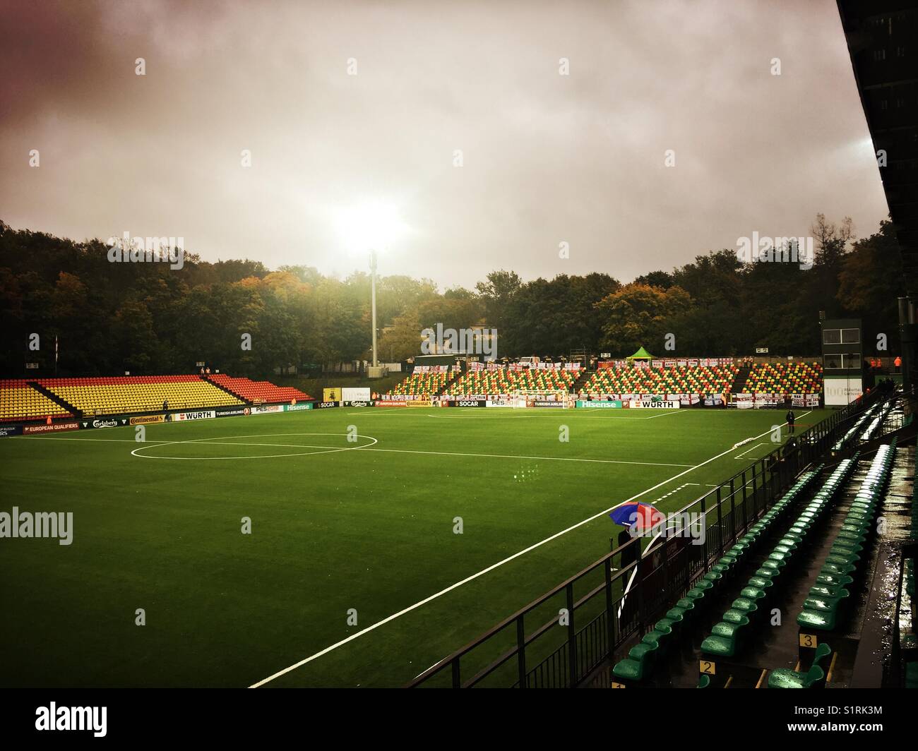 A football pitch is seen at a stadium in Vilnius, Lithuania. Stock Photo