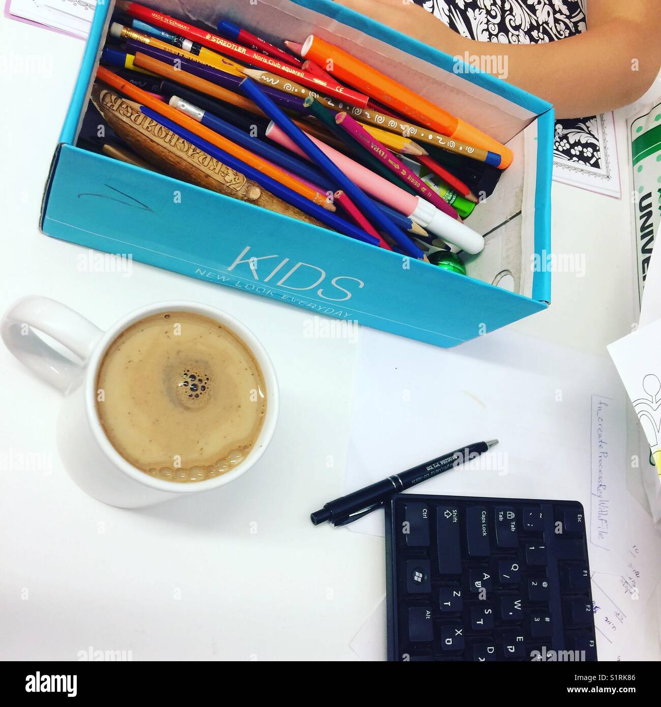 Desktop coffee keyboard and pencils Stock Photo Alamy