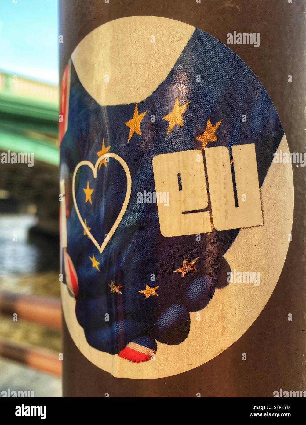 An I love EU sticker on a lamp post in London, England Stock Photo