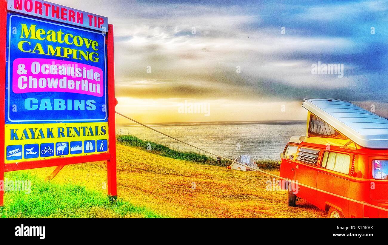 Meat Cove camping sign with Volkswagen Combi van, Cape Breton Island, Nova Scotia, Canada Stock Photo