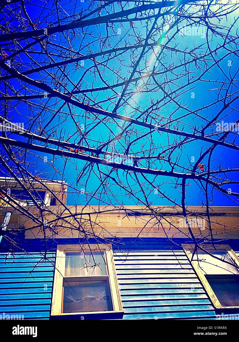 Blue house and blue sky Stock Photo - Alamy