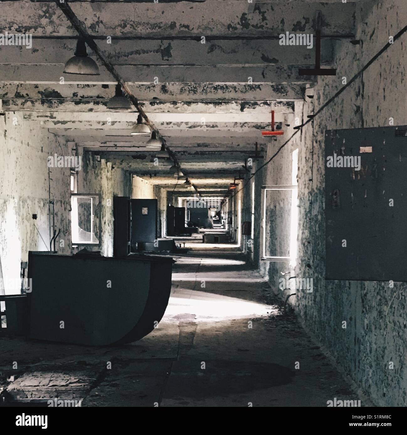 Long corridor inside the Duga-1 radar station in Chernobyl, Ukraine - Smartphone Captured Stock Image