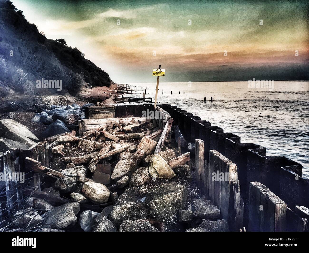 Effects of coastal erosion Bawdsey Ferry Suffolk England - Smartphone Captured Stock Image