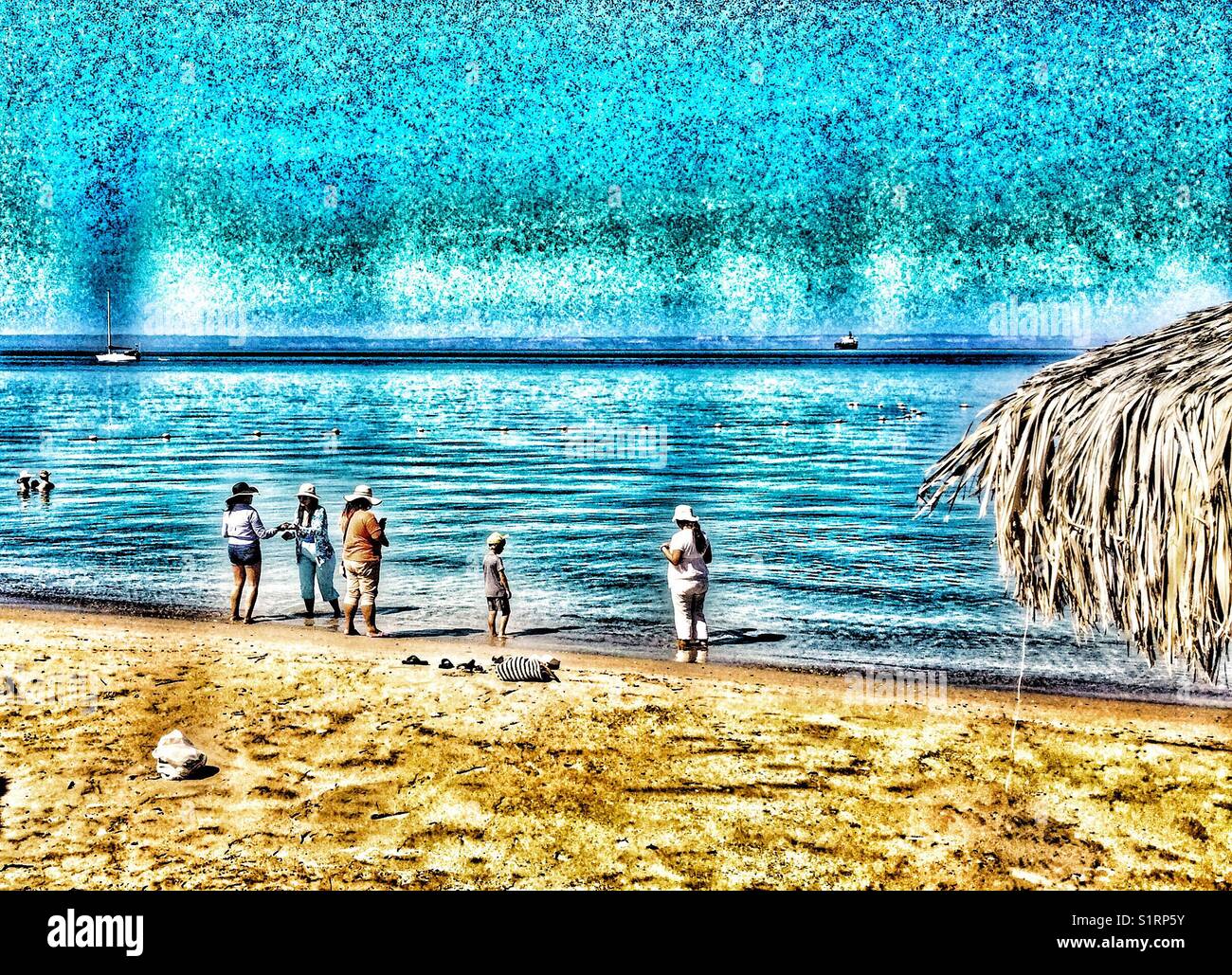 Artistic impression of vacationers standing on the beach. Stock Photo