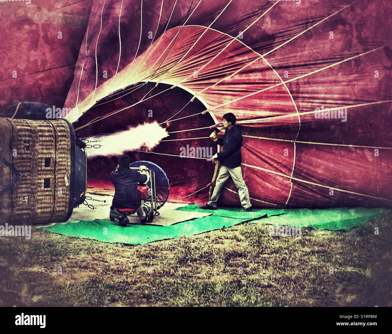 Filling a hot air balloon in Bagan, Myanmar - Smartphone Captured Stock Image