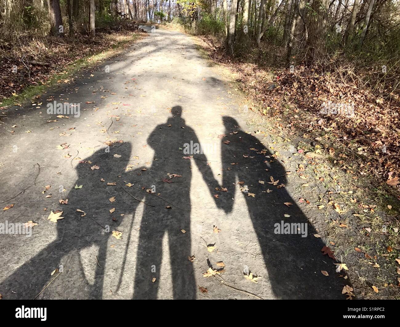 Shadows of a couple holding hands, on a walk with their baby in a stroller during fall in New Jersey, USA. - Smartphone Captured Stock Image
