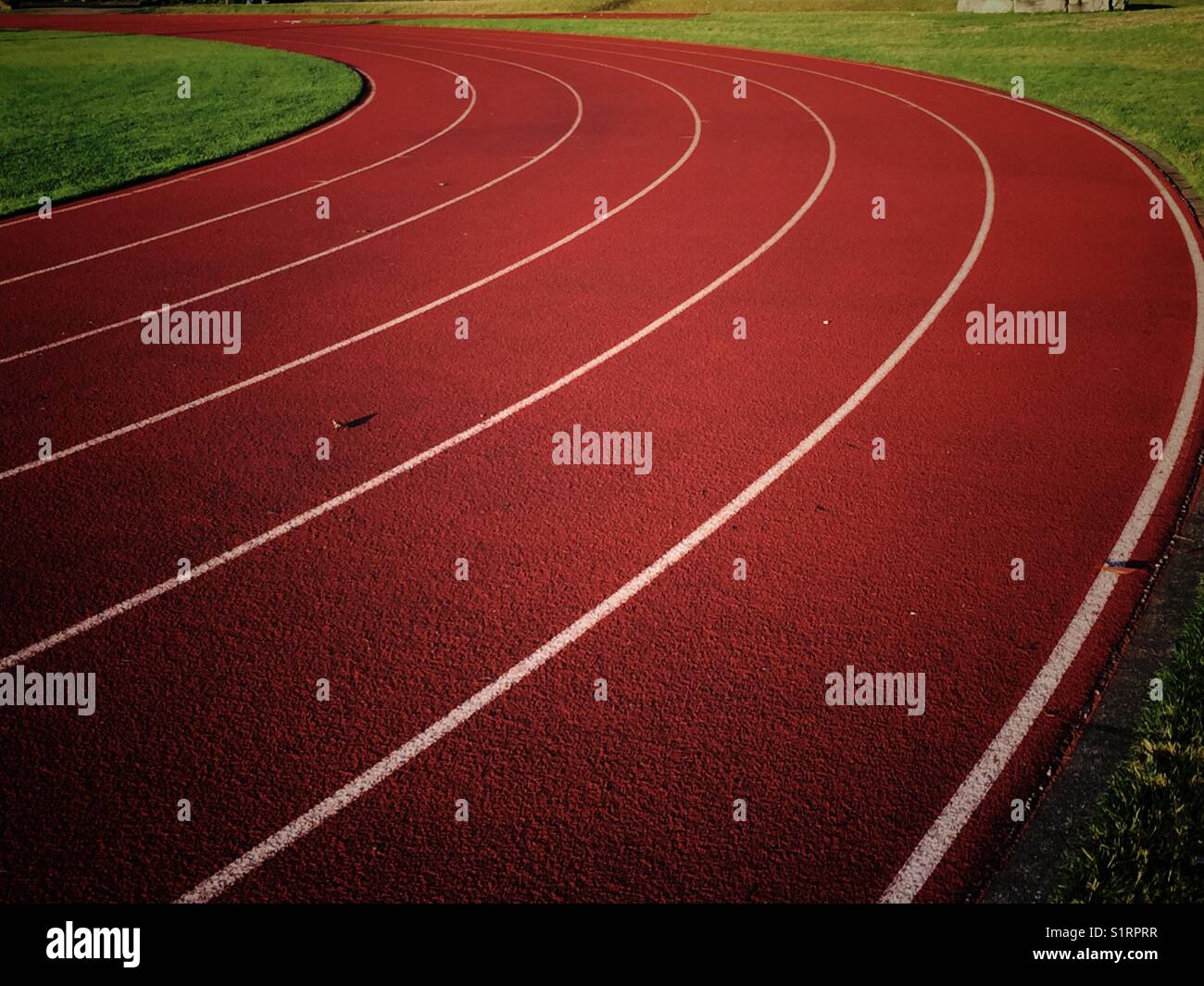 Red turf with white lines on a track field at the school stadium Stock Photo