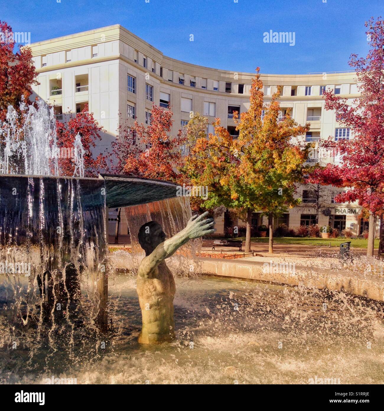 Les Ephebes Fountain, square of Tessaly, Antigone District, Montpellier France - Smartphone Captured Stock Image