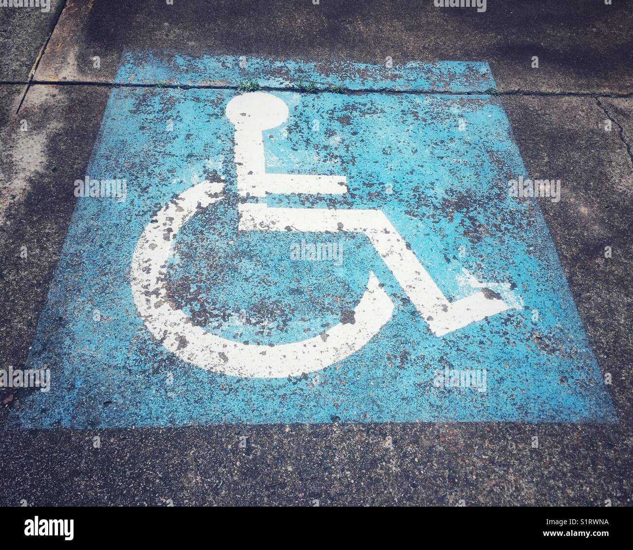 Disable wheelchair symbol stencil in white on blue square in car park. Closeup communication sign on disability car park. Stock Photo