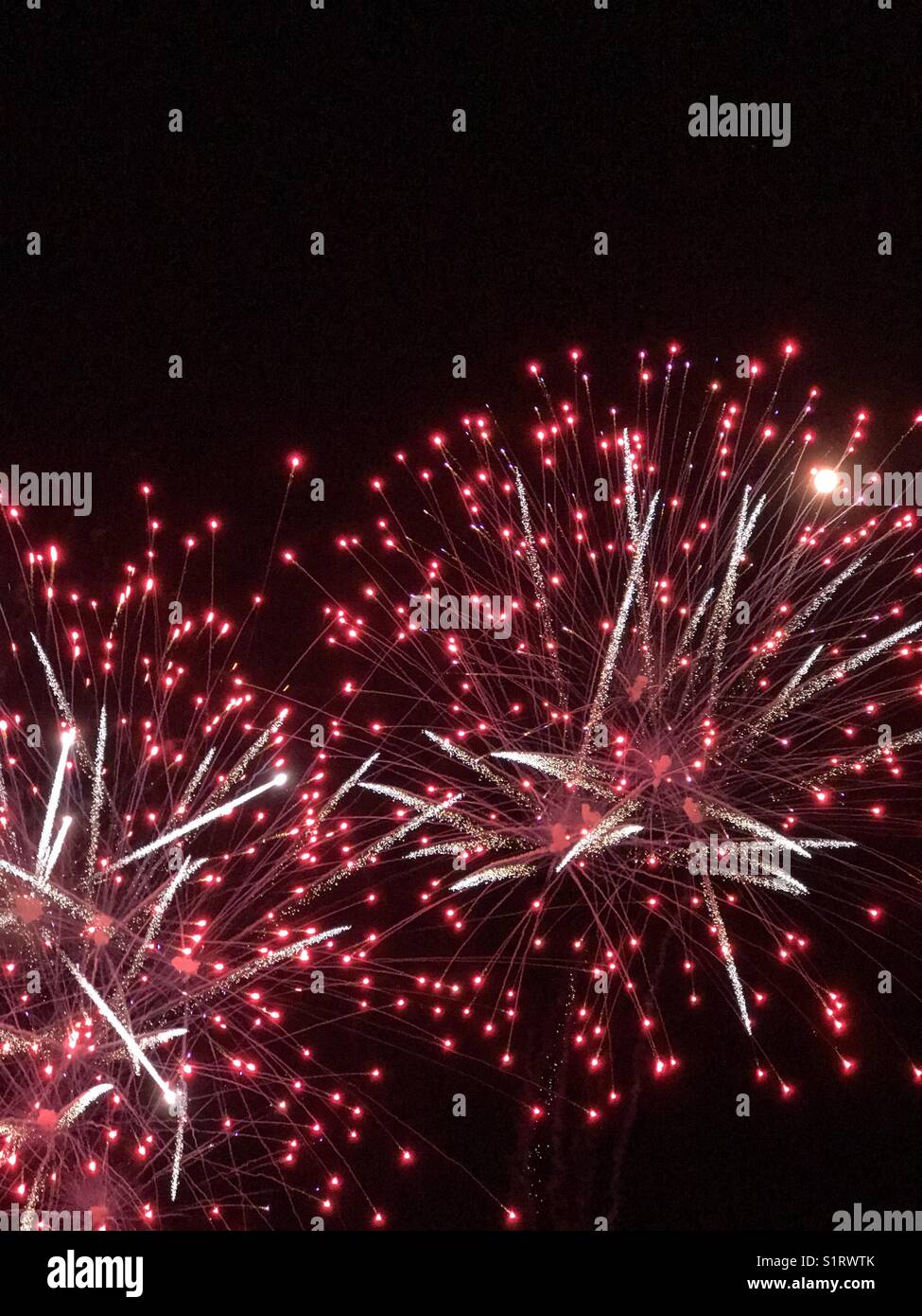 Detail image of two exploding fireworks that contain the colour red and the tone white. Light trails are evidence of movement. Photo Credit © COLIN HOSKINS. - Smartphone Captured Stock Image