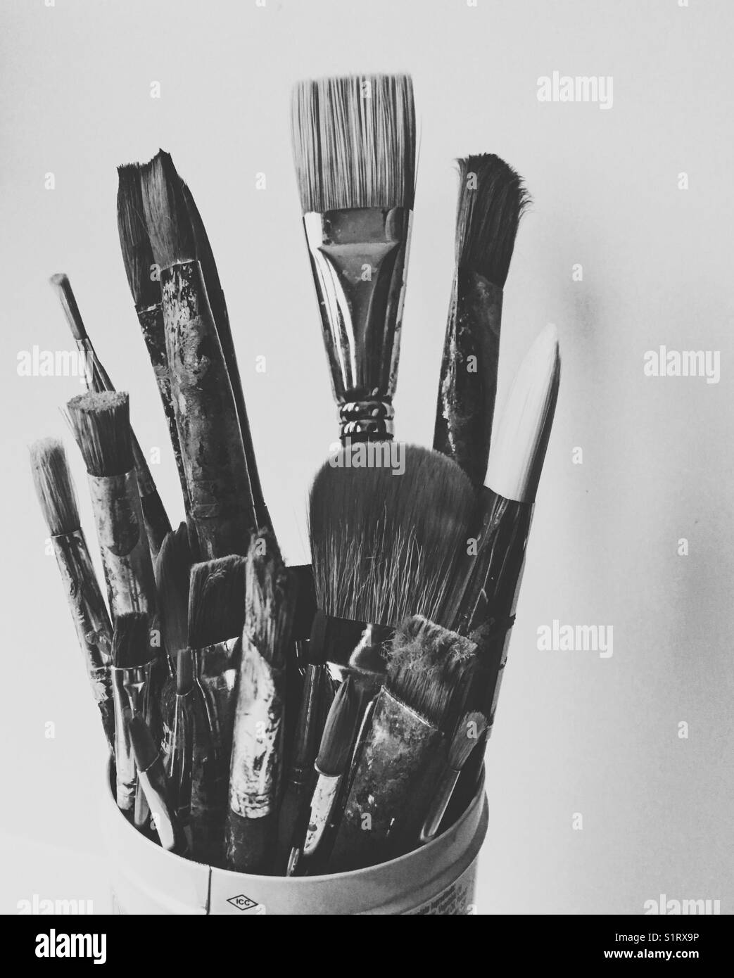 A variety of fine art paintbrushes. In black and white. - Smartphone Captured Stock Image