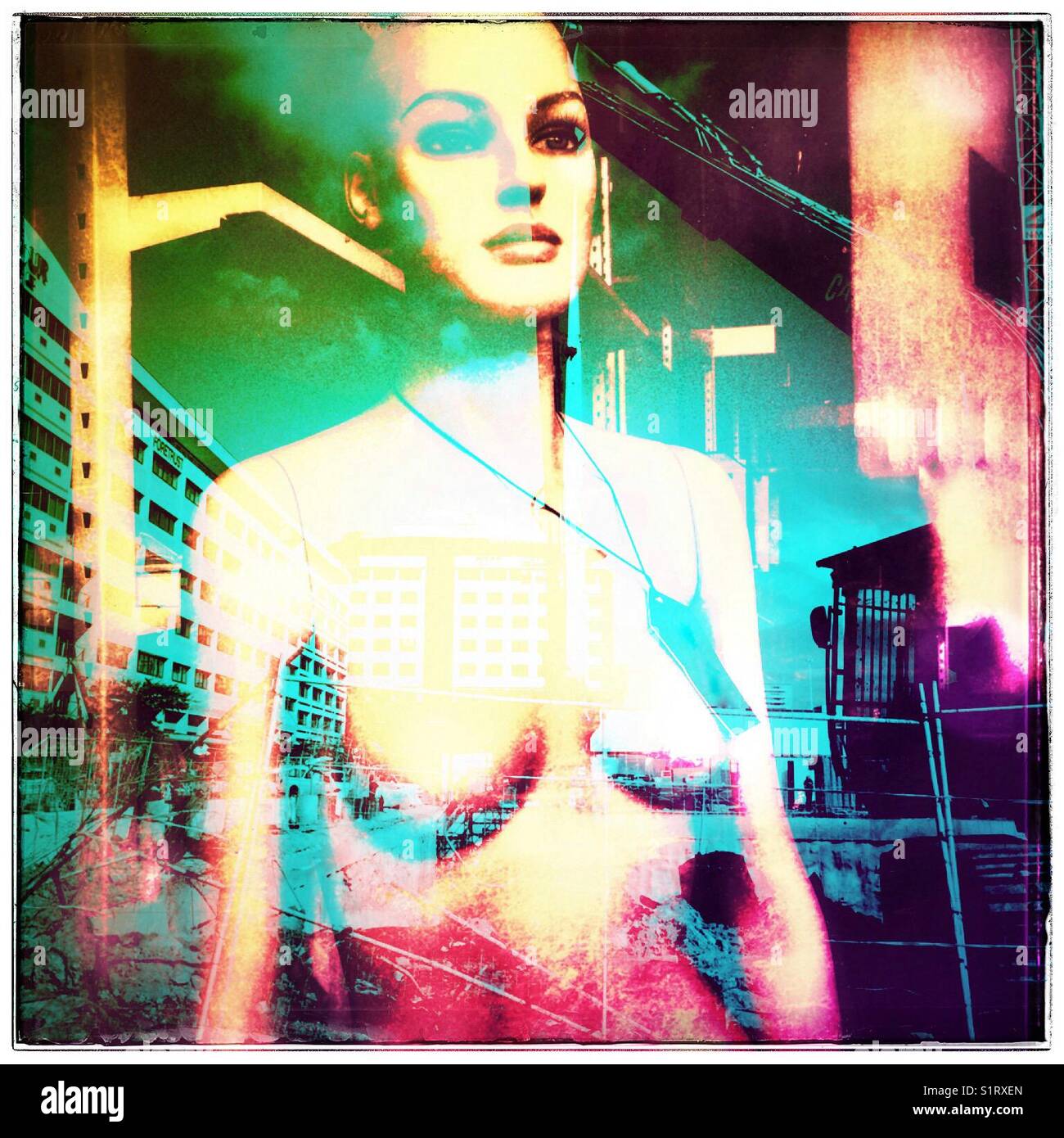 Double exposure of mannequin and city center. - Smartphone Captured Stock Image