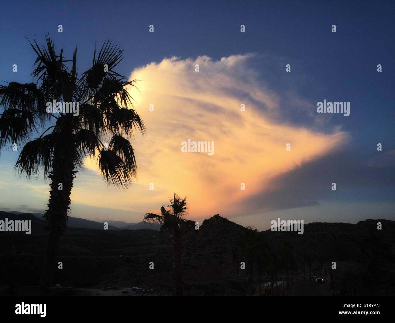 The warm glow of the setting sun behind a fluffy cloud. Stock Photo