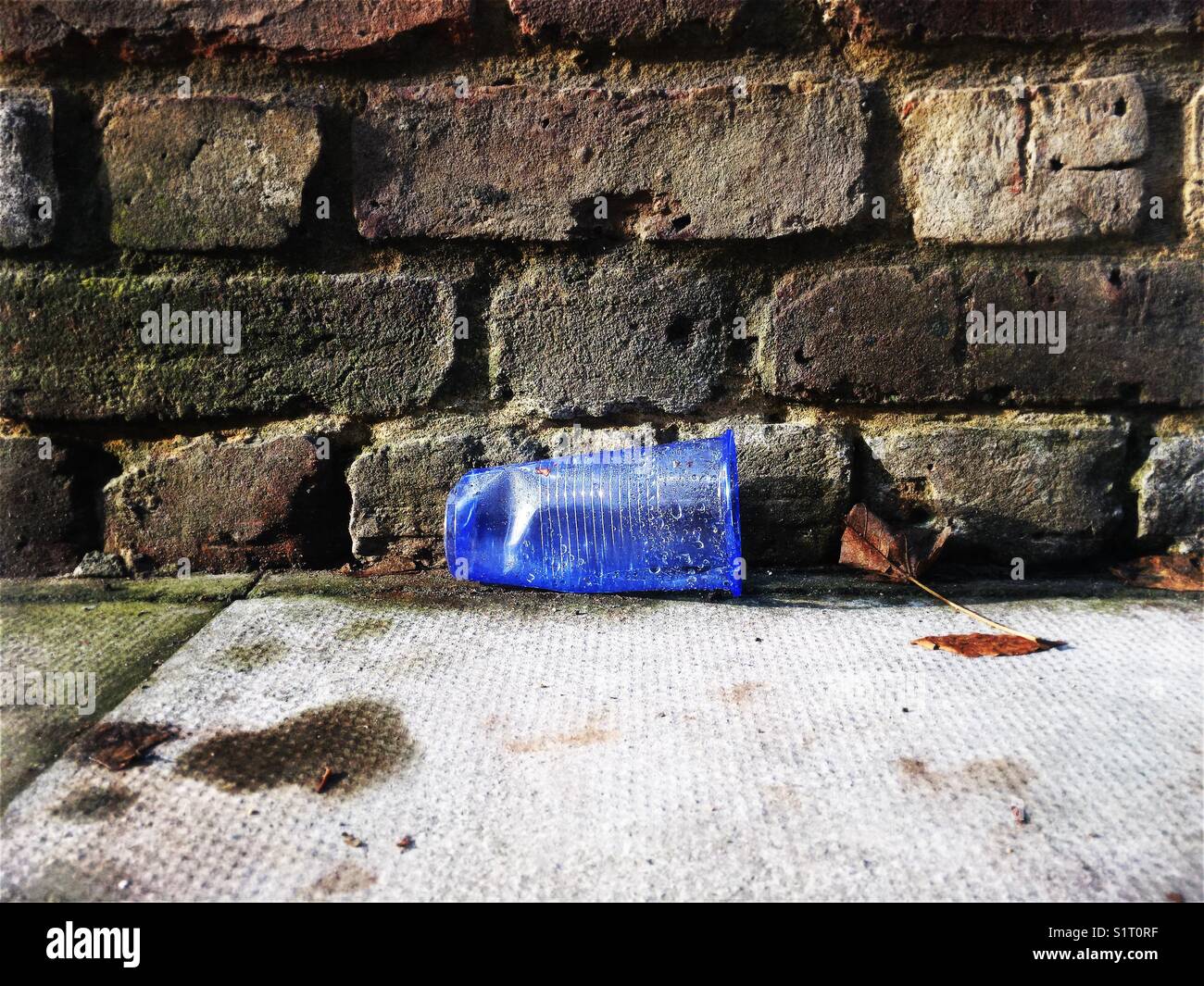 Blue Plastic cup left on the street by a brick wall - Smartphone Captured Stock Image