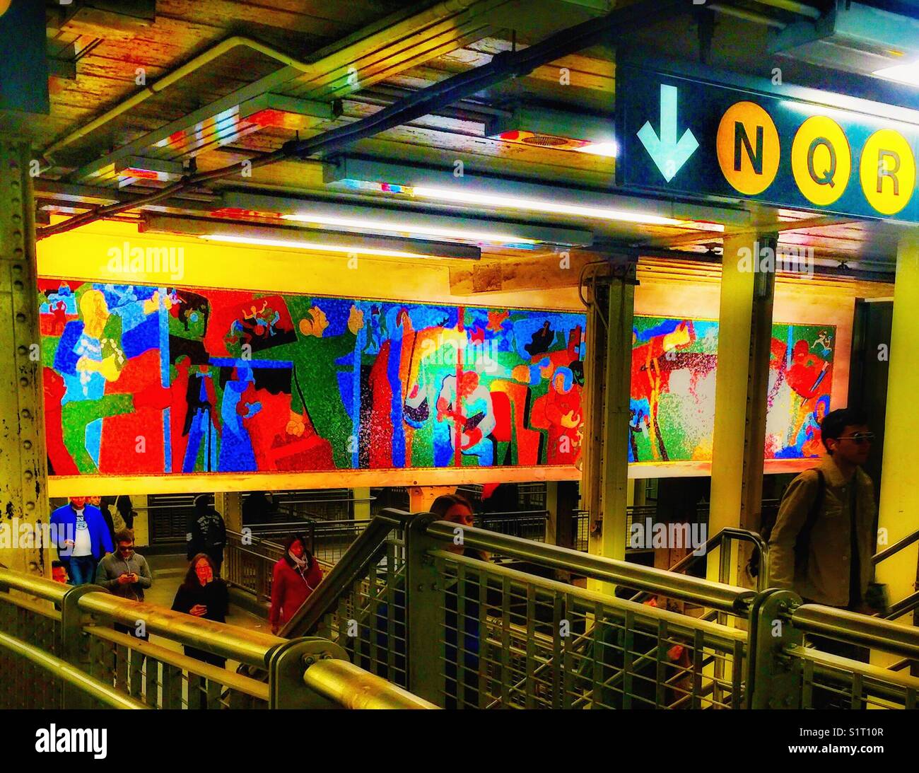 Jacob Lawrence massive Time Square Colorful Tile mural, Time Square Subway Station, carnival colors reflected off the ceiling, fine art in a massive venue Stock Photo