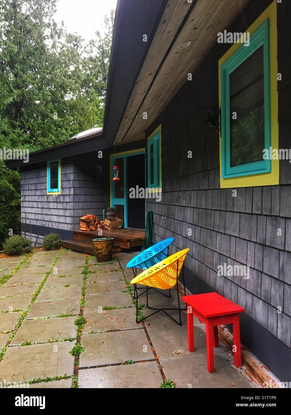 Colourful chairs and table on Pender Island, BC, Canada - Smartphone Captured Stock Image