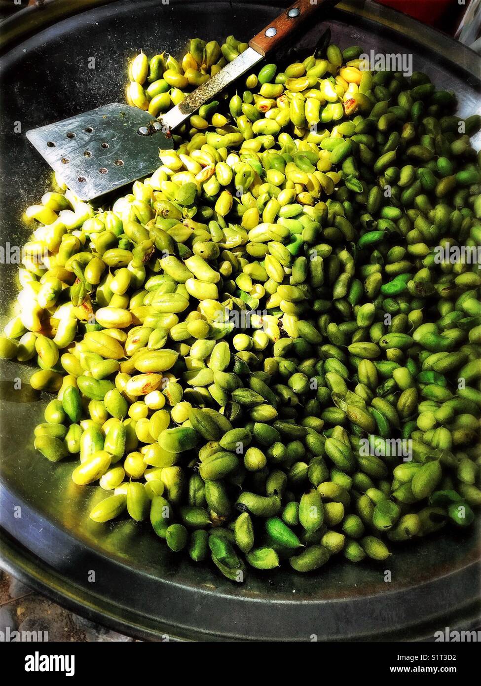Cooked, Salted garbanzo beans in the pod are offered for sale at a farmers market in Mexico. Stock Photo