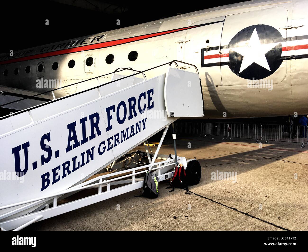 A troop Transportation plane of the US air force on the former Tempelhof Airport, Berlin, Germany - Smartphone Captured Stock Image